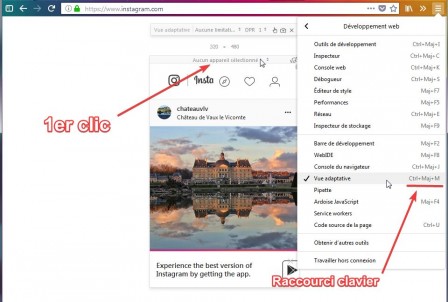 Instagram : Firefox Ctrl+Maj+M et 1er clic