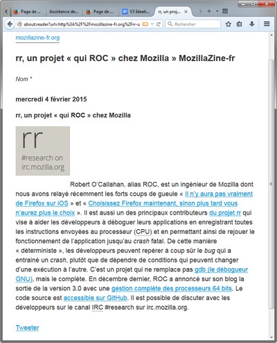 Mode lecture dans Firefox Nightly sur MozillaZine-fr