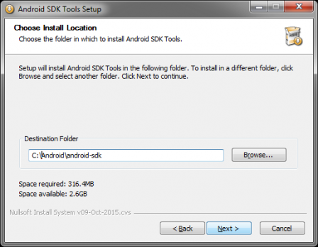 Android SDK Tools Setup : Destination folder
