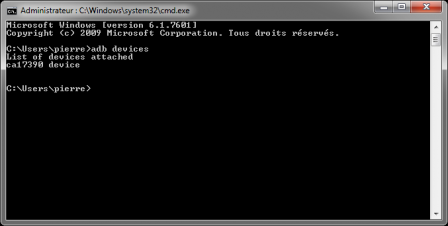 Invite de commandes : adb devices