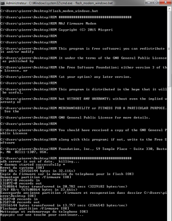 Flashage du modem dans l'invite de commande de Windows