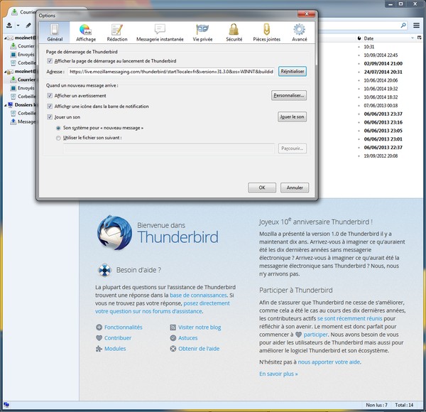 Nouvelle page de démarrage et options de Thunderbird