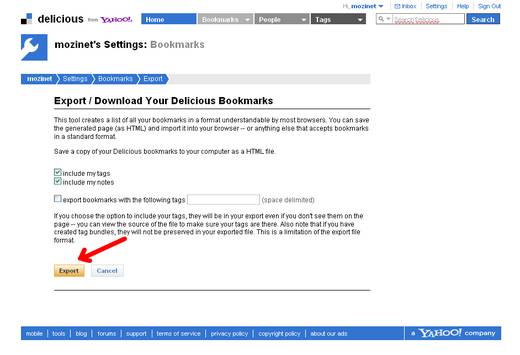 Export Your Bookmarks on Delicious