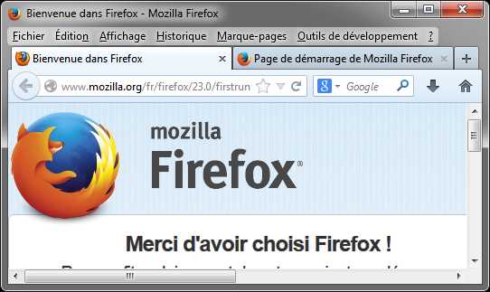 Firefox 23 avec Outils de développement dans la barre des menus