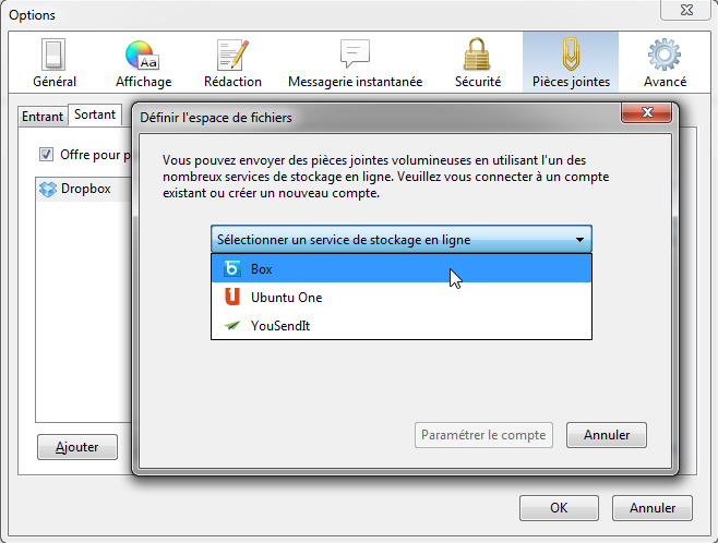 Box dans Filelink dans les options de Thunderbird 16 bêta