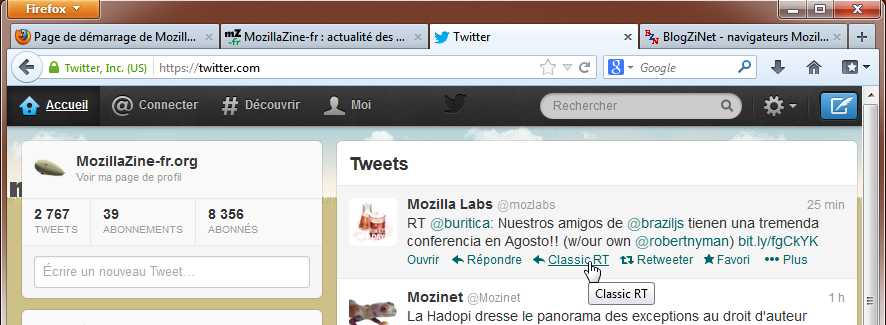 Classic RT dans Twitter avec Firefox