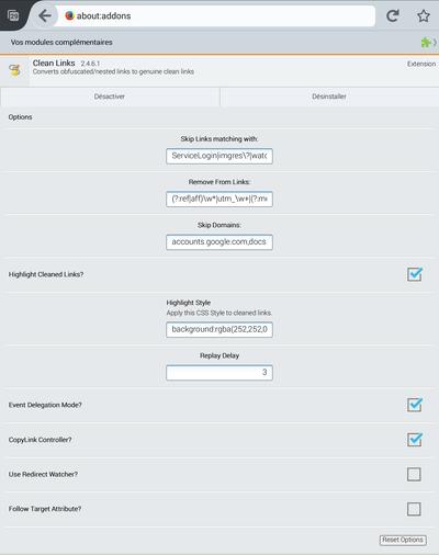 Clean Links : options