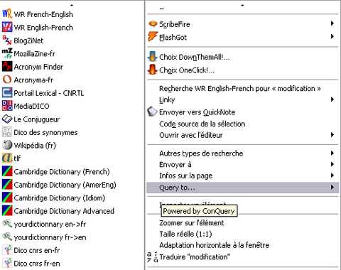 Sous-menu de ConQuery sur Firefox