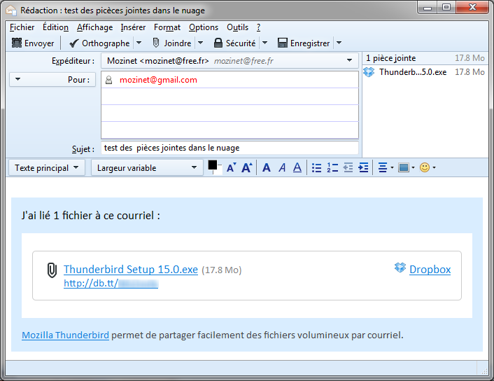 Lien Dropbox dans Thunderbird 13