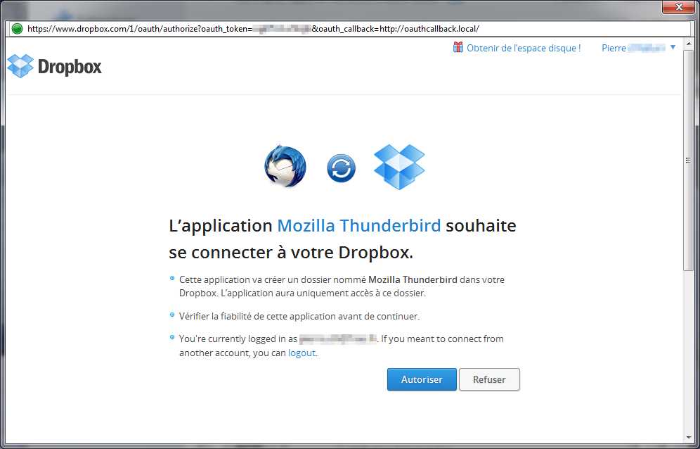 Autoriser Dropbox pour Filelink dans Thunderbird 13