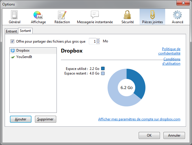 Dropbox dans les options de Thunderbird 13