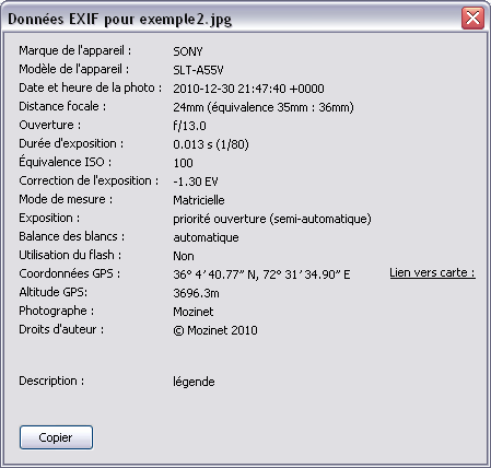 Données EXIF affichées par FxIF