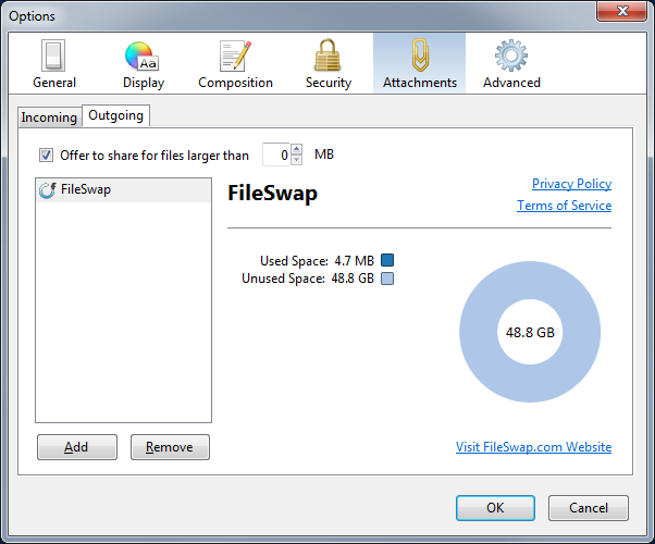 Espace utilisé dans FileSwap.com dans Thunderbird 15