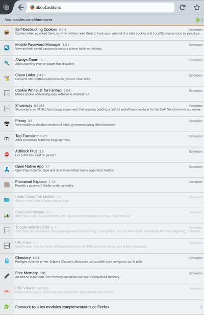 Modules complémentaires dans Firefox Android