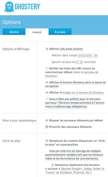 Ghostery : options > avancé> affichage, màj automatique et click-to-play