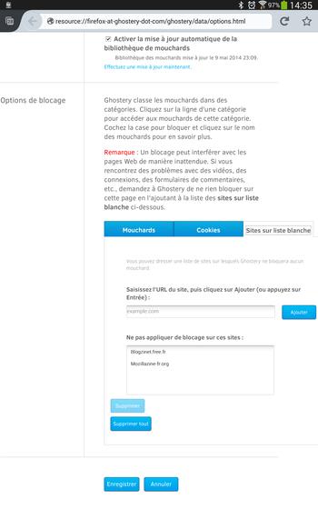 Ghostery : options > général > màj automatique et liste blanche