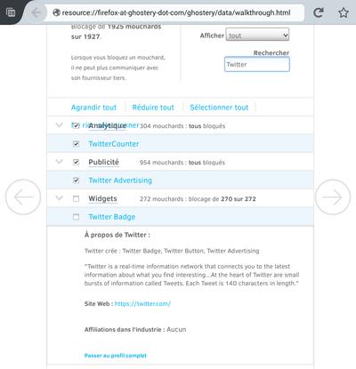 Ghostery : procédure de configuration détaillée, étape 3, mouchards Twitter