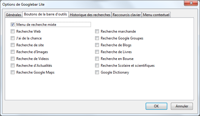 Options de Googlebar Lite > onglet Boutons de la barre d'outils