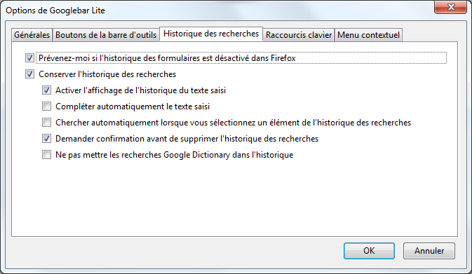 Options de Googlebar Lite > onglet Historique des recherches
