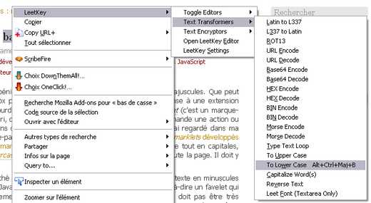 Menu contextuel de Leet Key sur Firefox