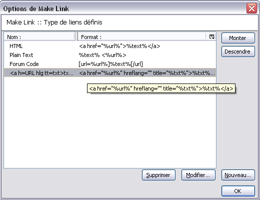 Options de Make Link dans Firefox