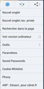 Menu de Firefox pour Android avec Adblock Plus, Phony, etc.