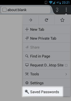 Menu « Saved Passwords » de Mobile Password Manager