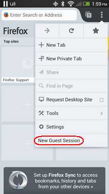 New Guest Session dans le menu de Firefox 25 bêta pour Android