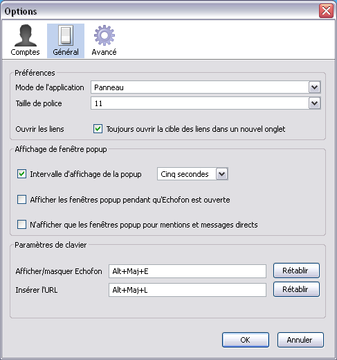 Echofon 2 : options - général