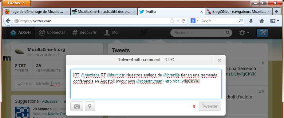 Boîte de dialogue de Retweet with comment dans Twitter avec Firefox