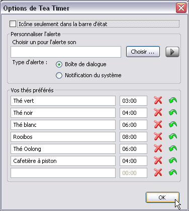 Options de Tea Timer