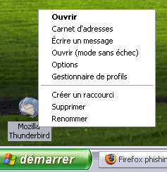 Menu contextuel du raccourci Thunderbird